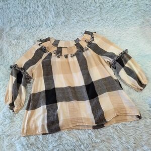 Soft Surroundings Plaid Smocked Ruffle Neck Tunic Blouse L